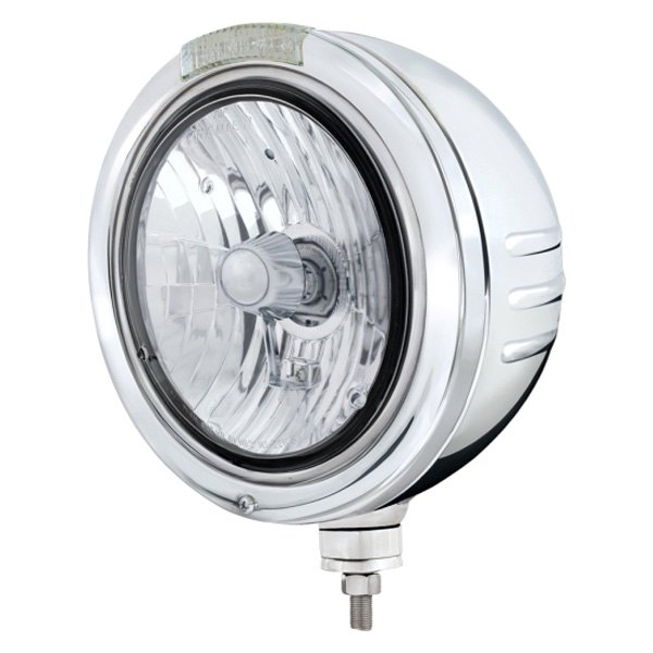 United Pacific® - Embossed 7" Round Chrome "Bullet" Style Crystal Headlight With LED Turn Signal Light