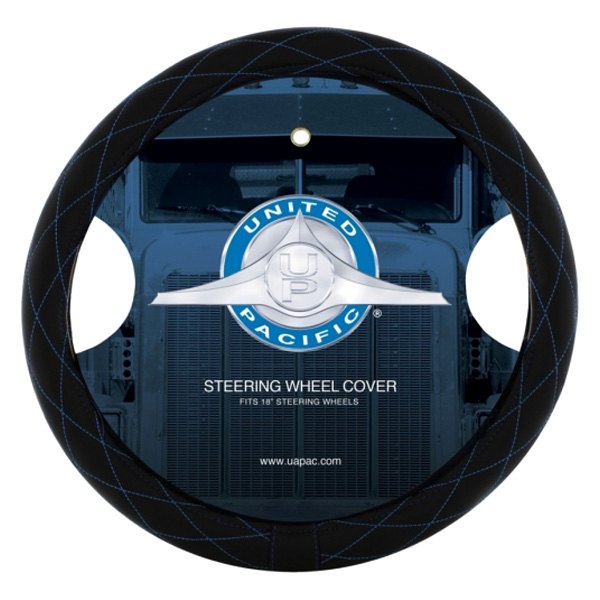 United Pacific® - Black Leather Steering Wheel Cover with Blue Diamond Stitching