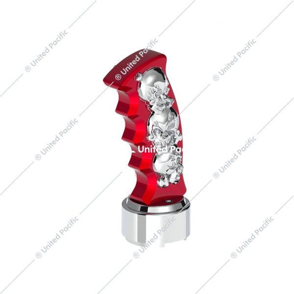 United Pacific® - 9/10 Speed Thread-On Candy Red Skulls Pistol Grip Gearshift Knob with Chrome Adapter