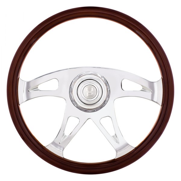 United Pacific® - Boss Style Wood Steering Wheel with Chrome Horn Bezel and Button