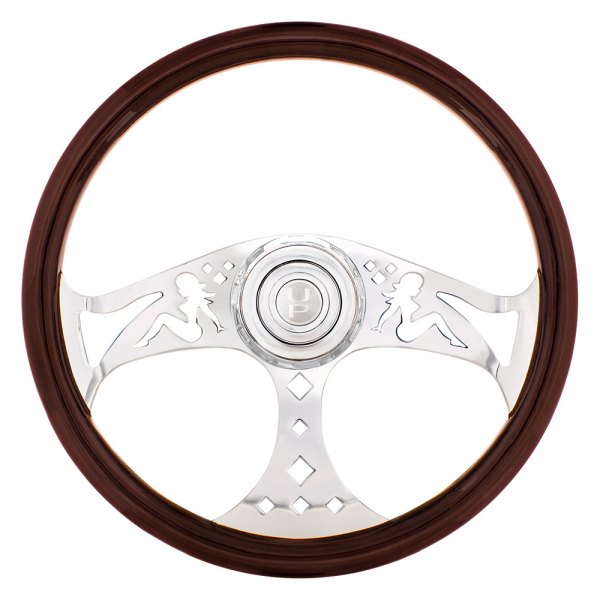 United Pacific® - Lady Style Wood Steering Wheel with Chrome Horn Bezel and Button