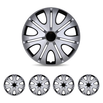 Winjet® - 14" 7 V-Spokes 5082 Style Silver Lacquer and Black Lacquer Hubcaps Wheel Covers