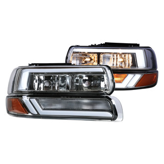 Winjet® - Driver and Passenger Side Chrome LED Light Tube Headlights with Turn Signal/Parking Lights