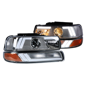 Winjet® - Driver and Passenger Side Chrome LED Light Tube Projector Headlights with Turn Signal/Parking Lights
