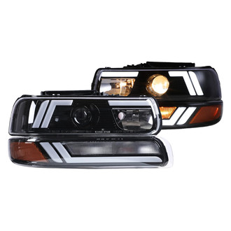 Winjet® - Driver and Passenger Side Gloss Black LED Light Tube Projector Headlights with Turn Signal/Parking Lights