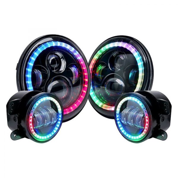 Xprite® - 7" Round Black Halo Projector LED Headlights and Fog Lights With Sequential RGB Halo